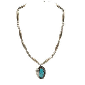 Vintage Artist Signed AF Navajo Sterling Silver Bead Necklace Turquoise Pendant
